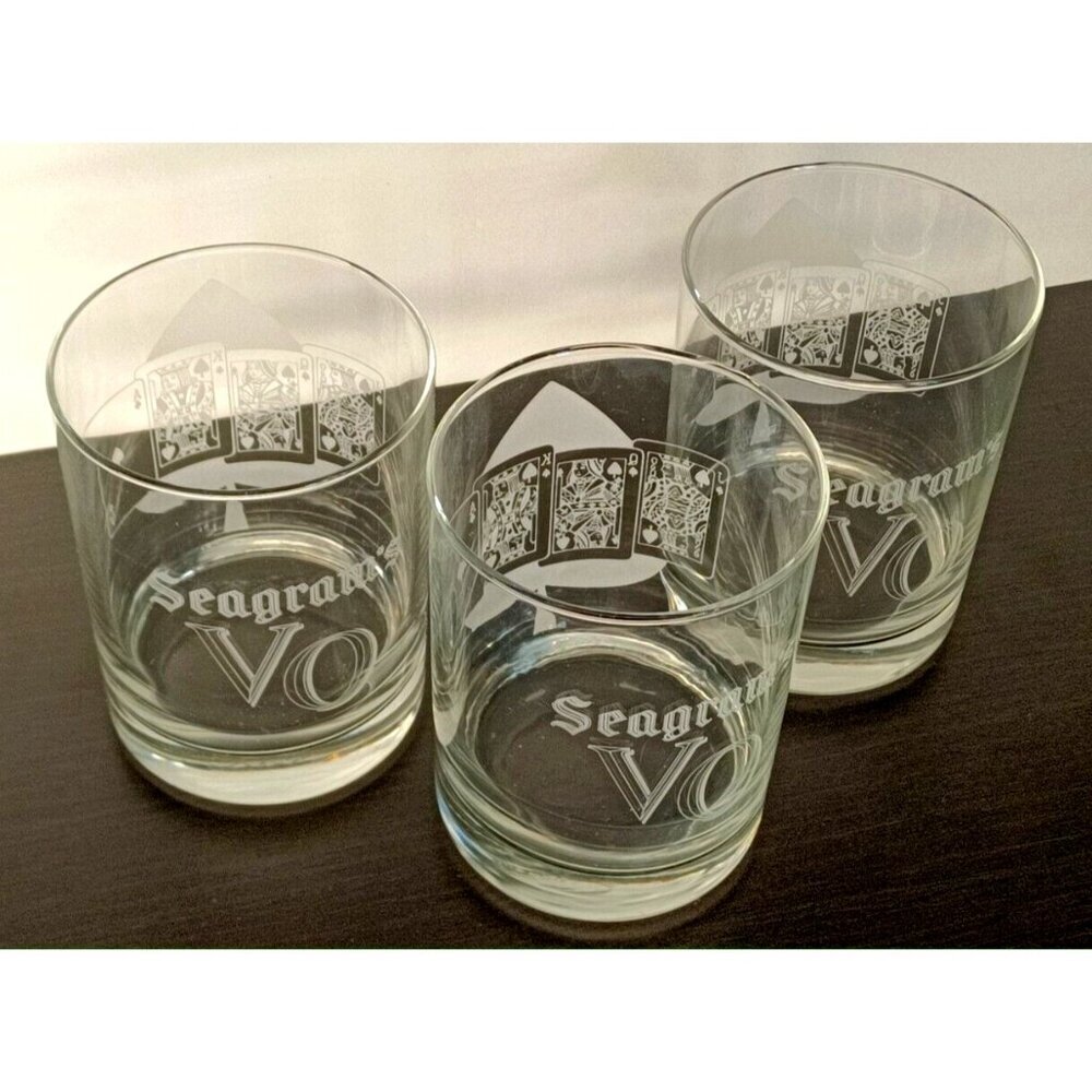 Vintage Seagram's V.O. RARE Poker Card series Low Ball Rocks Whiskey Glasses Set